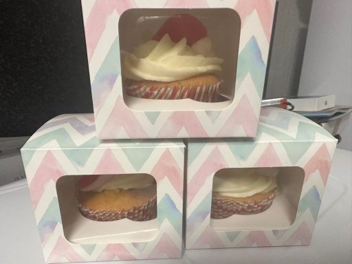 Cupcakes Whyte's Bakery Three decorated cupcakes in pastel boxes with clear windows.