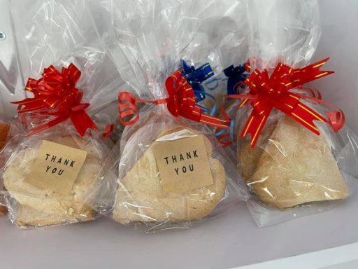 Shortbread Whyte's Bakery Three gift bags containing sweets, each labelled "Thank You" and tied with red ribbons.